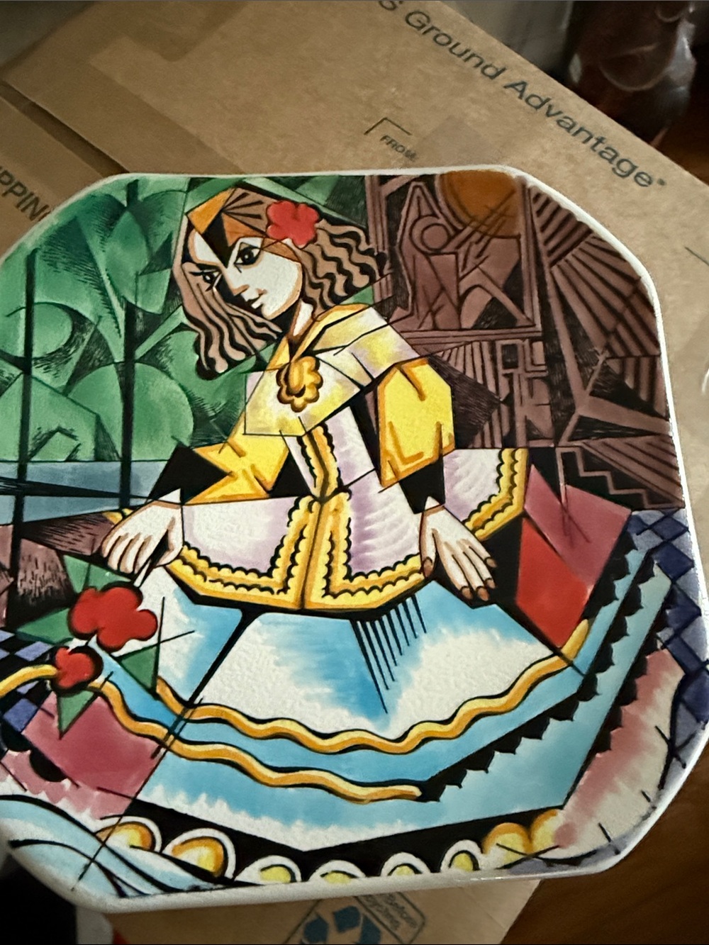 Colorful Cubist Decorative Plate - Floral Girl Motif -8” x 8”